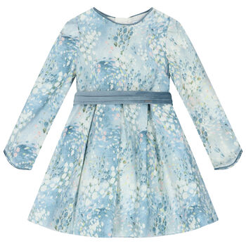 Girls Blue Floral Jacquard Dress